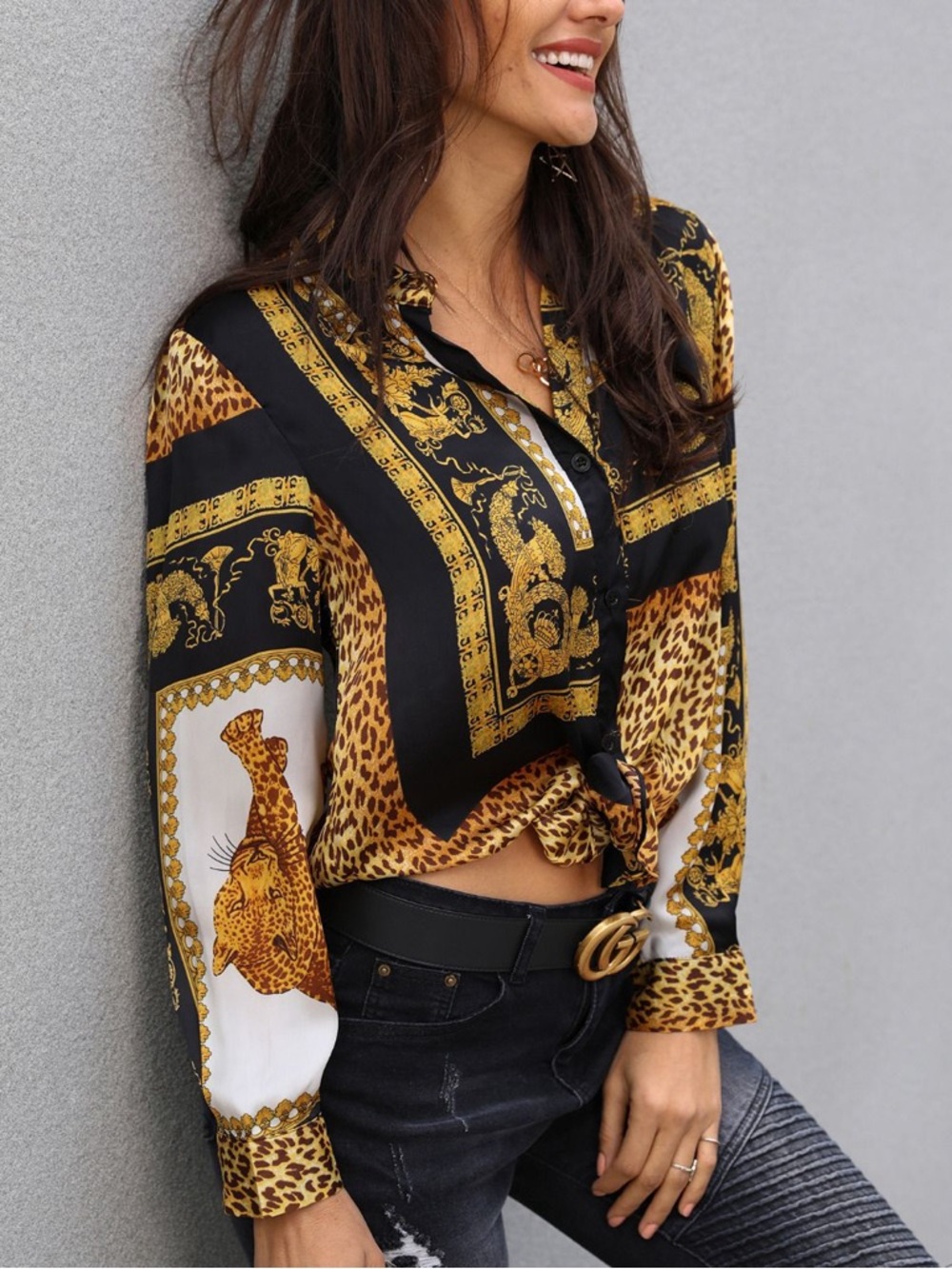 Women’s Oversized Leopard Print Button-Up Top - Picture 1 of 5